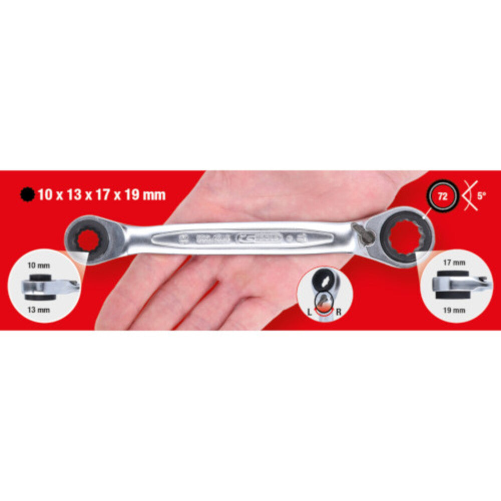 KS-Tools - 4 in 1 GEARplus umschaltbar Doppel-Ratschenringschlüssel, 10x13x17x19mm - 503.4565