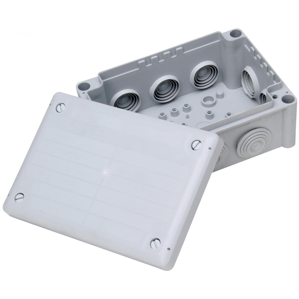 Kopp Abzweigdose Aufputz Feuchtraum, 152 x 202 x 85 mm, IP66, Verbindungsdose mit 10 Kabeleinführungen M25, grau, 351013044