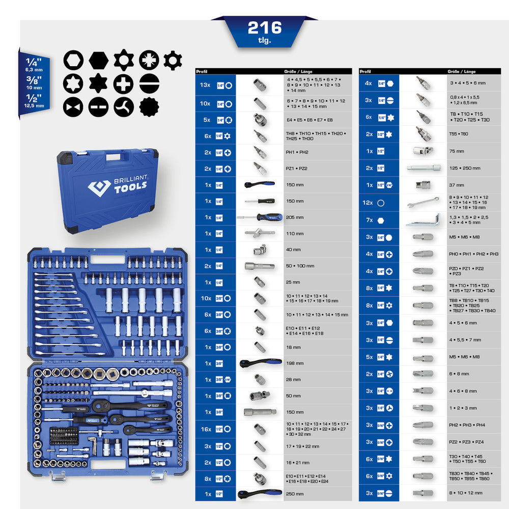 Brilliant Tools - Steckschlüssel-Satz, 216-tlg, 1/4", 3/8", 1/2" - BT023216