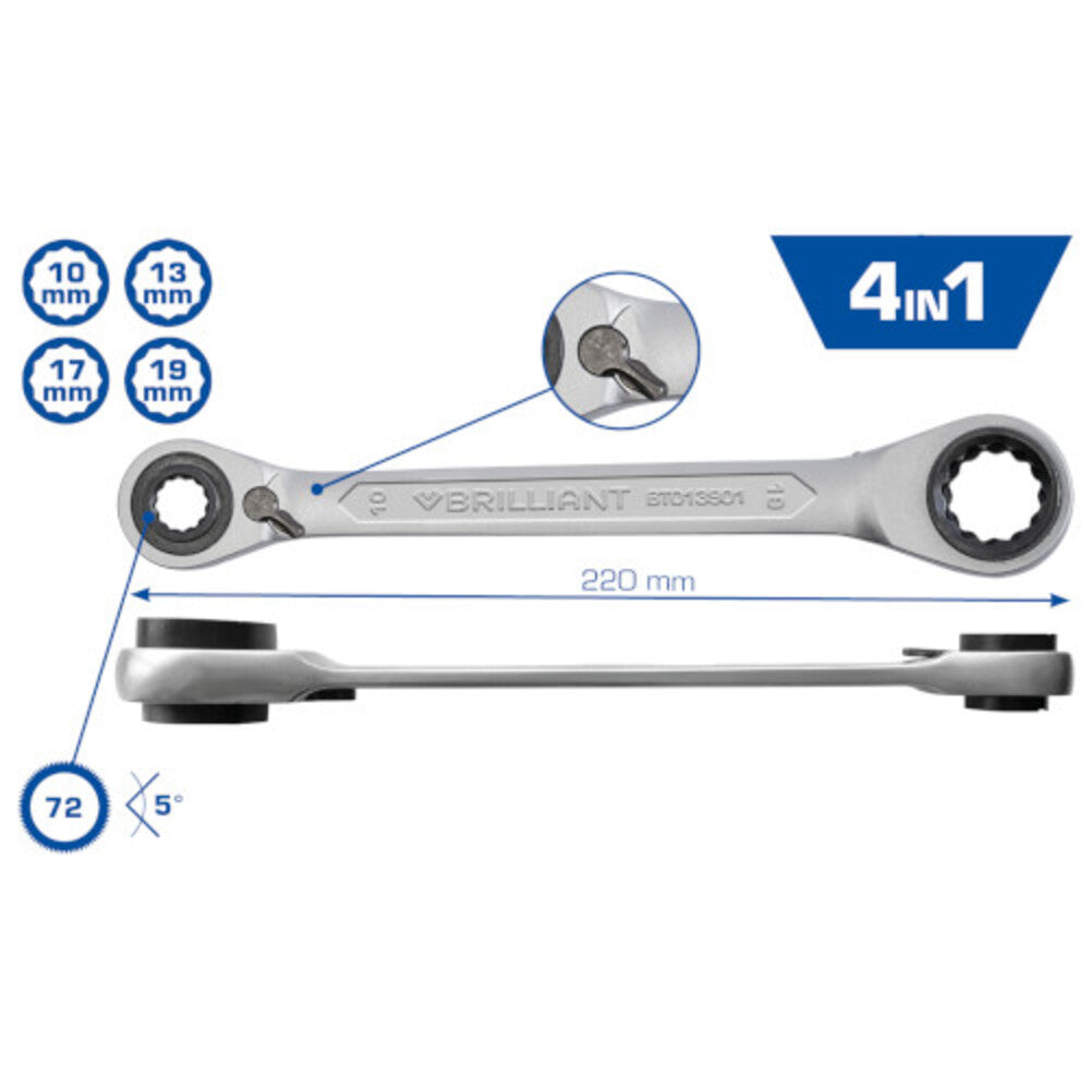 Brilliant Tools - 4 in 1, Doppelratschenringschlüssel, 10x13,17x19mm - BT013901