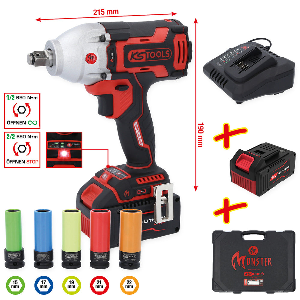 KS-Tools - eMONSTER 1/2“ Brushless-Akku-Schlag-Schrauber-Satz, 9-tlg - 515.6100