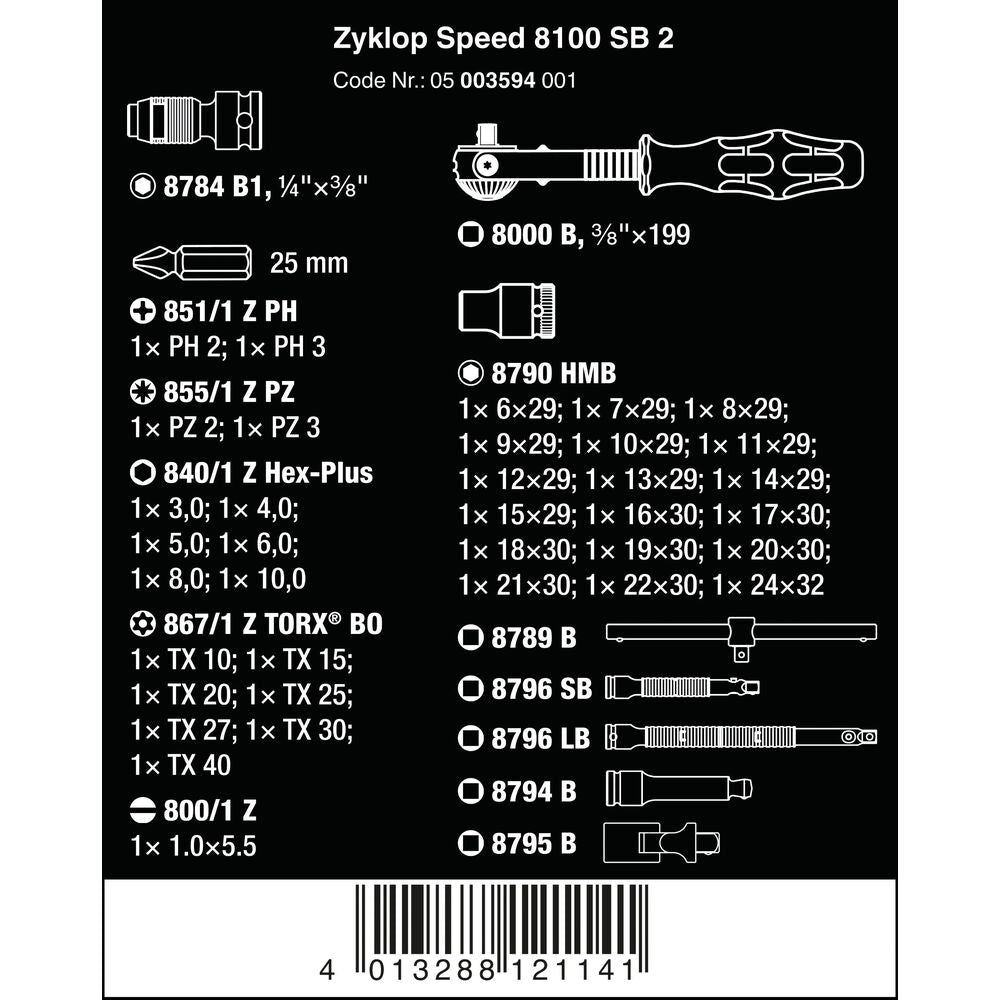 Wera - 8100 SB 2 Zyklop Speed-Knarrensatz, 3/8"-Antrieb, metrisch 43-teilig - 05003594001