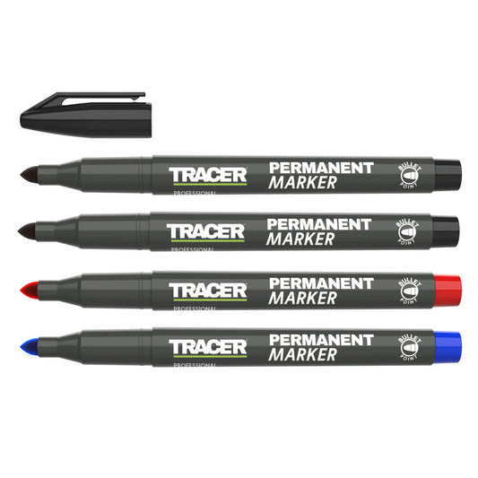 Tracer - Fine-Point Permanent Construction Marker Kit (1-2mm Bullet Point General-Purpose Markers with quick-drying ink) – Red, Blue, 2x Black - APMK1