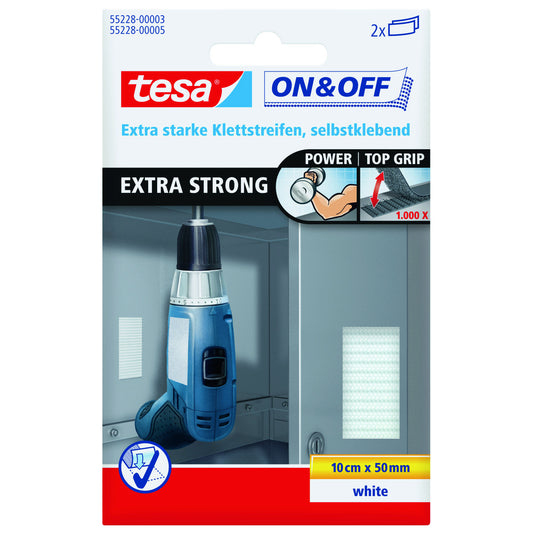 Tesa - On & Off Extra Stark Klettstr. weiß, 2 x 10cm x 50mm - 55228-00003-01
