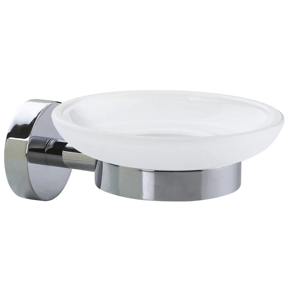 tesa SMOOZ Seifenschale mit Wandhalterung, satiniertem Glas und verchromtem Edelstahl - zur Wandbefestigung ohne Bohren, inkl. Klebelösung - 110mm x 52mm x 130mm