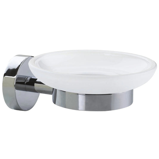 tesa SMOOZ Seifenschale mit Wandhalterung, satiniertem Glas und verchromtem Edelstahl - zur Wandbefestigung ohne Bohren, inkl. Klebelösung - 110mm x 52mm x 130mm